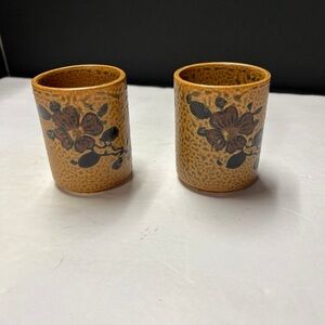 Hand-Painted Floral Ceramic Votive Set in Mustard Brown - Unbranded